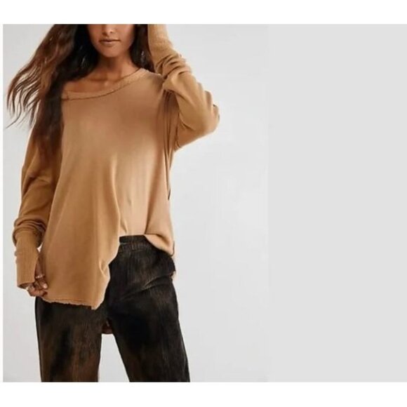 Free People Top Womens Medium Tan Colby Long Sleeve Scoop Neck Thermal Boho - Picture 1 of 10